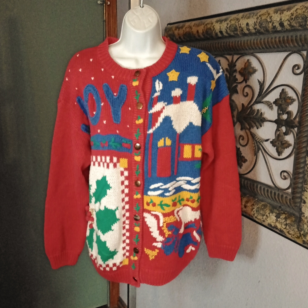 VTG Work In Progress red Christmas cardigan embroidered/beaded SZ M